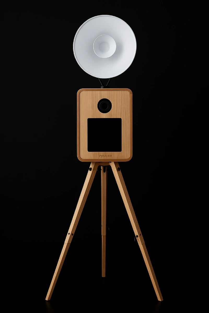 Wood-finished vintage-style photo booth with tripod and curtain, styled for an event.