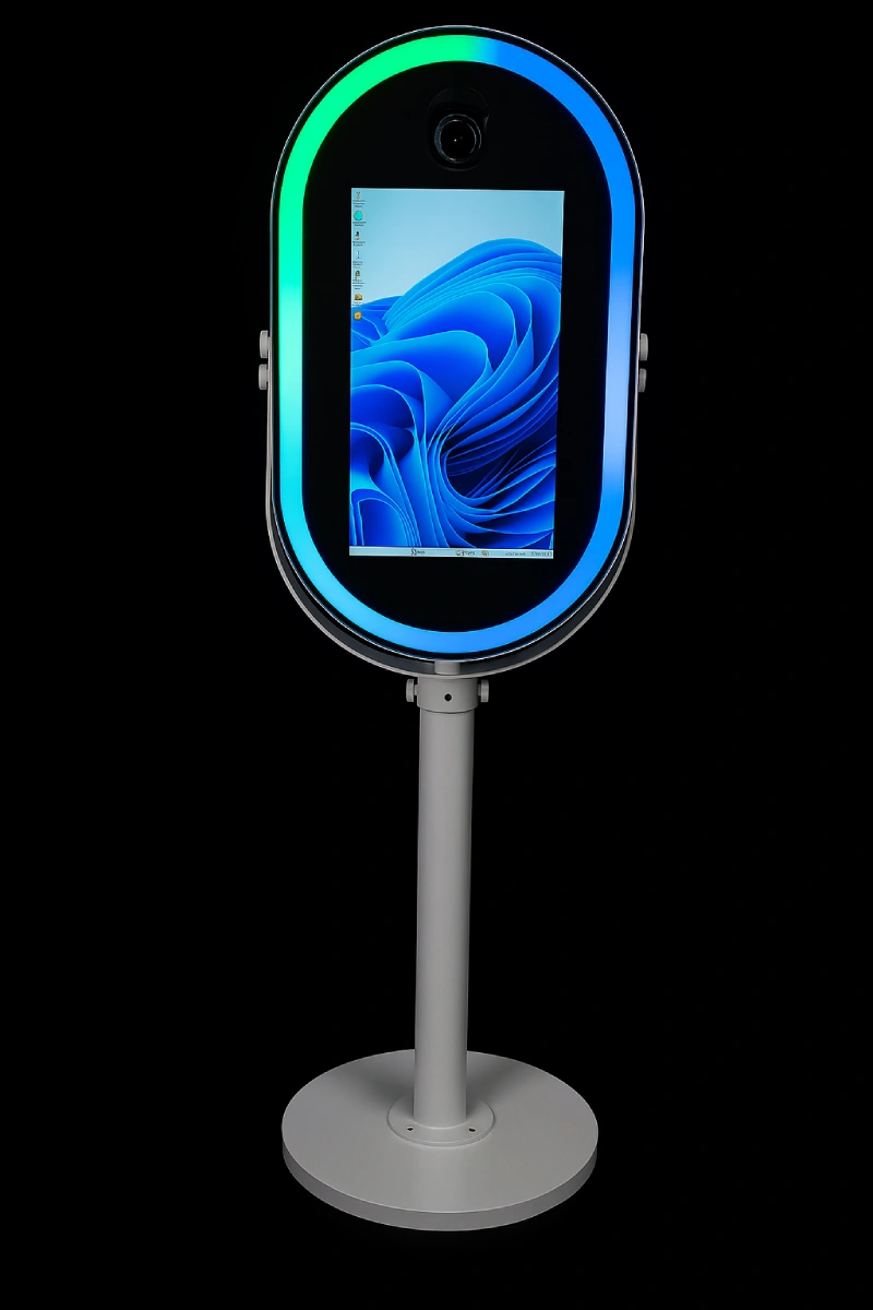 40-inch illuminated mirror photo booth with printer station, styled for event photography.